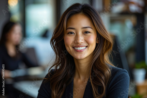 Wallpaper Mural A woman sitting at a table smiling at the camera Torontodigital.ca