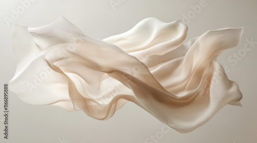 Flowing White Fabric Abstract Background Draped Silk Texture, of an abstract shape made from beige silk fabric, floating in the air against a minimalistic background.