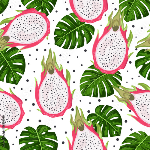 Exotic fruits and leaves seamless pattern. Tropical background with pitahaya and monstera leaves. Excellent pattern for fabric, wallpaper and other design. White background.