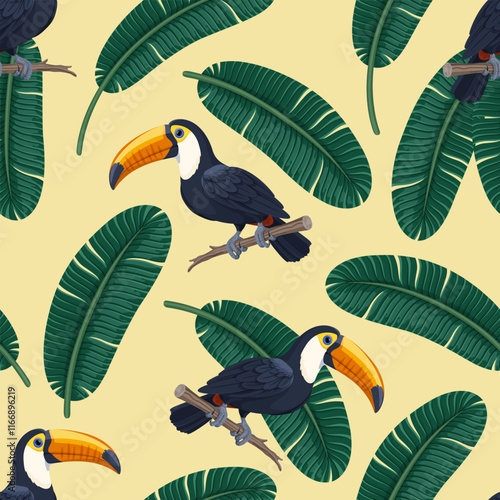 Tropical summer pattern with exotic birds and leaves. Toucan sitting on a branch and leaves background. Fashionable seamless pattern for wallpaper, fabric and various designs. Yellow background.