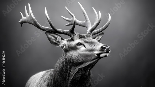 A black and white photo of a deer with antlers