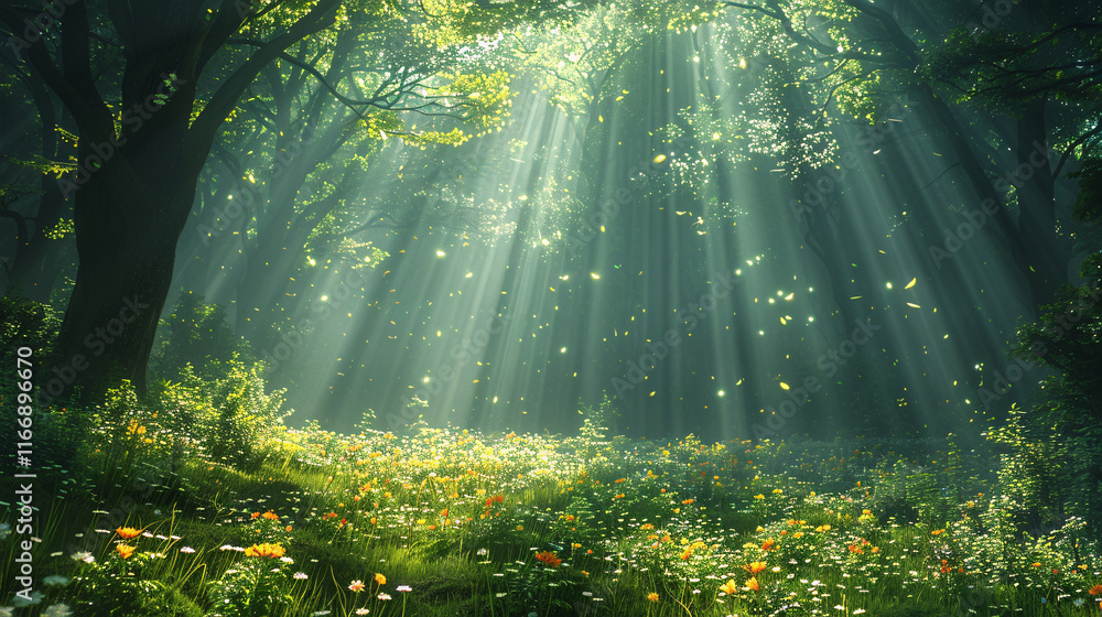 Obraz premium A verdant forest carpeted with emerald foliage, sunlight filtering through the canopy and dappling the forest floor with specks of gold. Concept of rejuvenation and tranquility