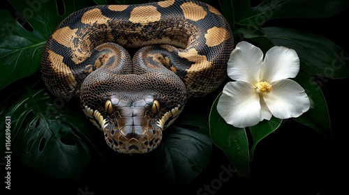 A snake with a white flower on a black background photo