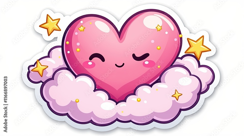 A Charming and Whimsical Pink Heart Character Surrounded by Starry Clouds and Cheerful Imagery
