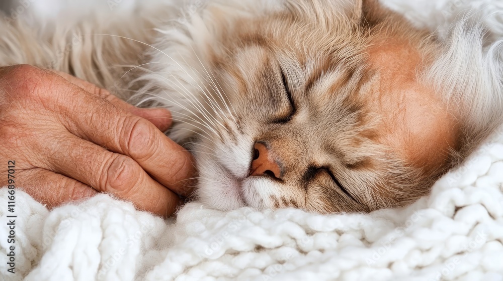 A cat sleeping on top of a white blanket next to a person's hand A cat sleeping on top of a white blanket next to a person's hand