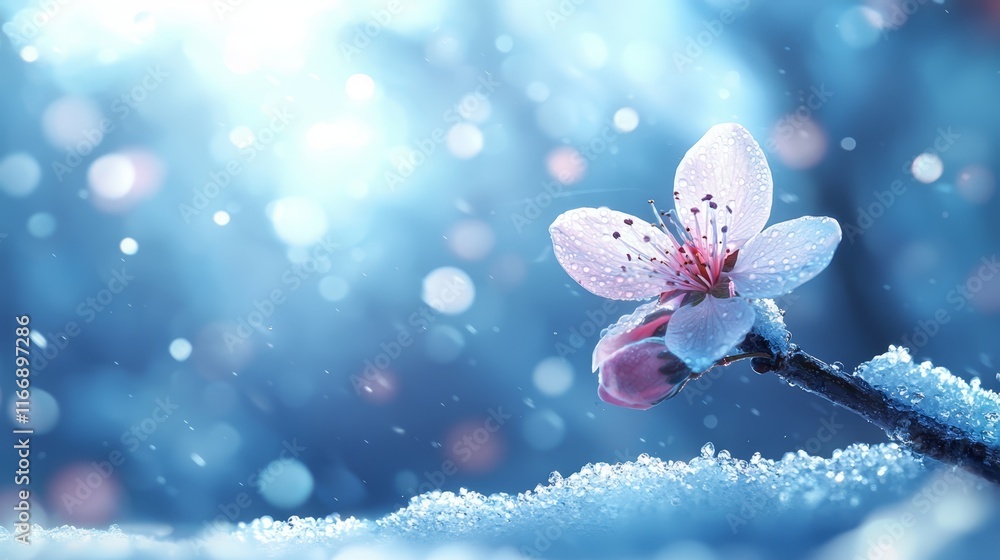 Fototapeta premium A pink flower on a branch covered in snow