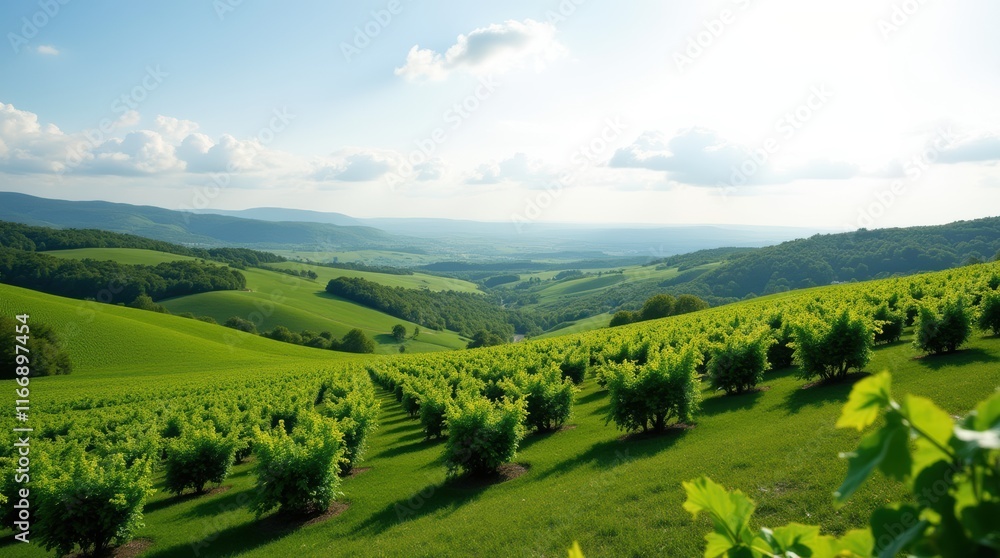 Breathtaking Scenic View of Rolling Vineyards Under a Clear Blue Sky in Summer Time Breathtaking Scenic View of Rolling Vineyards Under a Clear Blue Sky in Summer Time