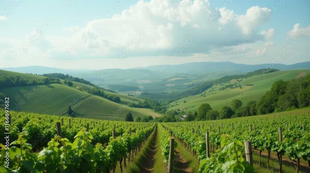 Naklejka premium Stunning Panoramic View of Lush Green Vineyards Nestled in Rolling Hills under a Bright Blue Sky