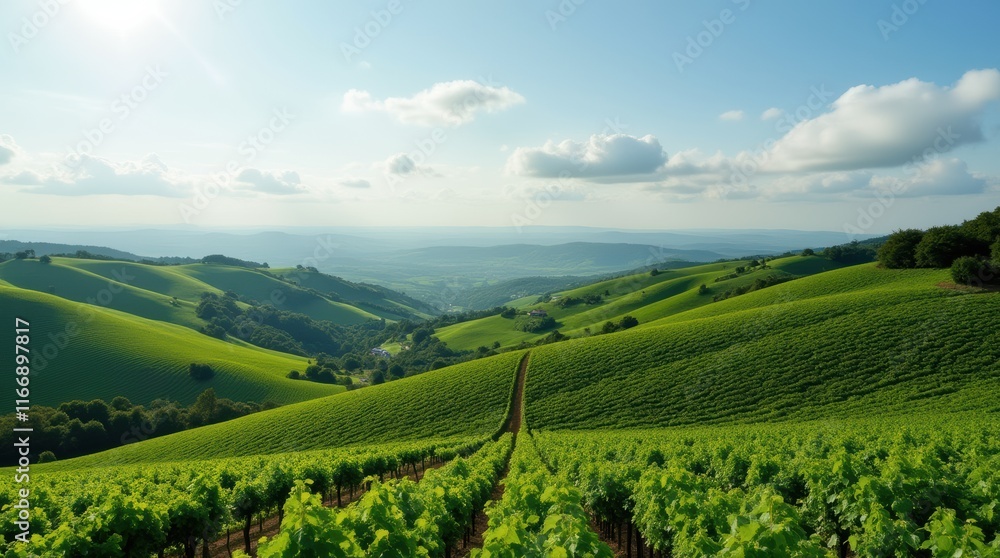 Breathtaking Panoramic View of Lush Green Vineyards Under a Clear Blue Sky in the Countryside Breathtaking Panoramic View of Lush Green Vineyards Under a Clear Blue Sky in the Countryside