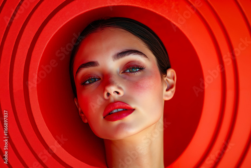 A woman with red lipstick in a red circle photo