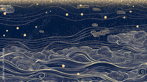 Artistic gold and navy abstract ocean waves