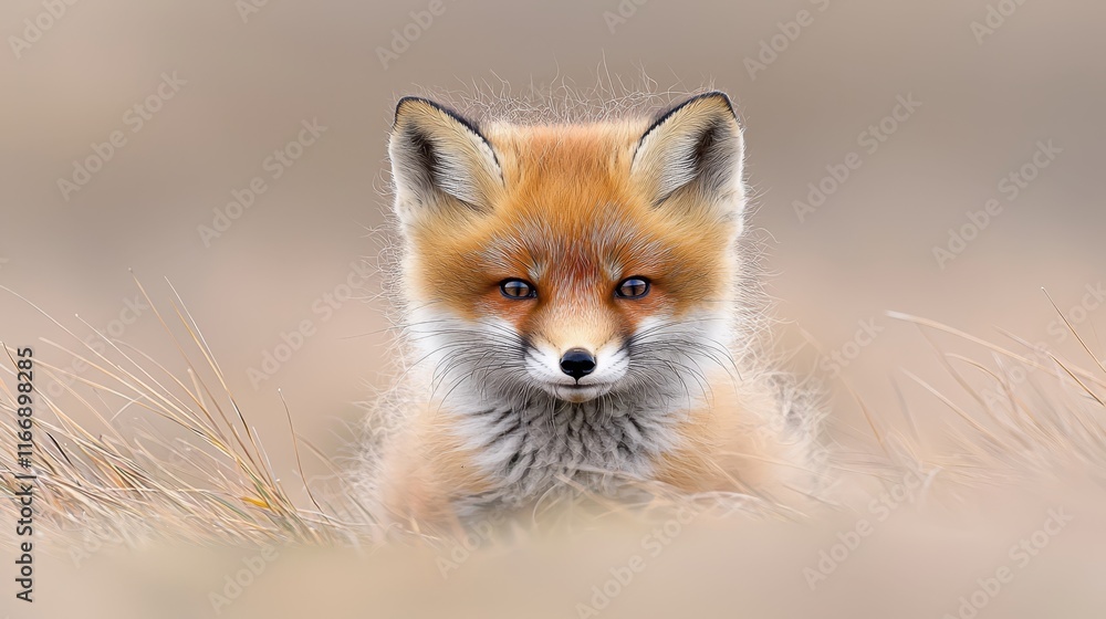 Obraz premium A small red fox sitting in a field of tall grass
