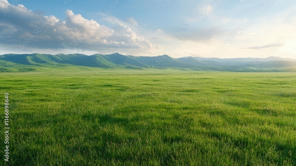 Fototapeta premium A field of green grass with mountains in the background