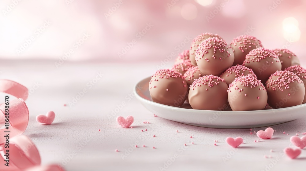 Obraz premium A plate of chocolate truffles with pink sprinkles on a table