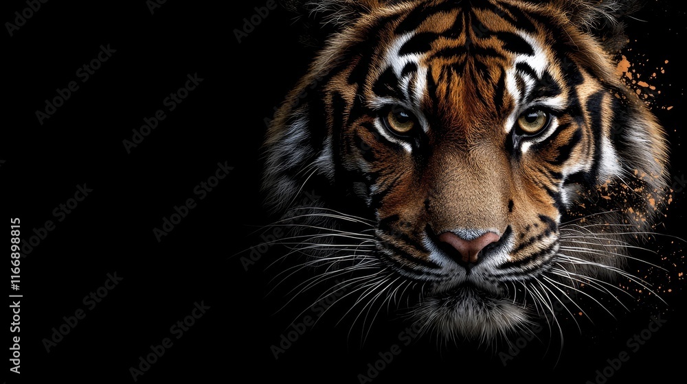 Fototapeta premium A close up of a tiger's face on a black background