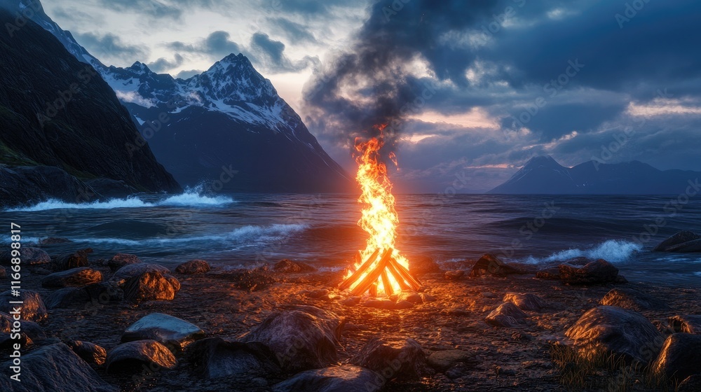 Fototapeta premium Majestic Wilderness Scene with Campfire by Serene Mountain Landscape