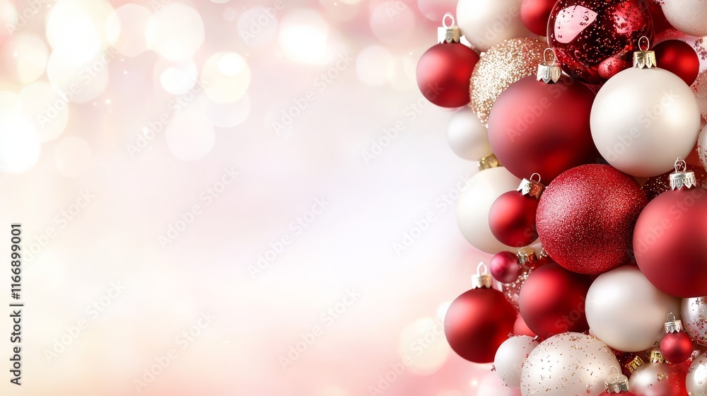 A bunch of red and white christmas ornaments on a pink background A bunch of red and white christmas ornaments on a pink background