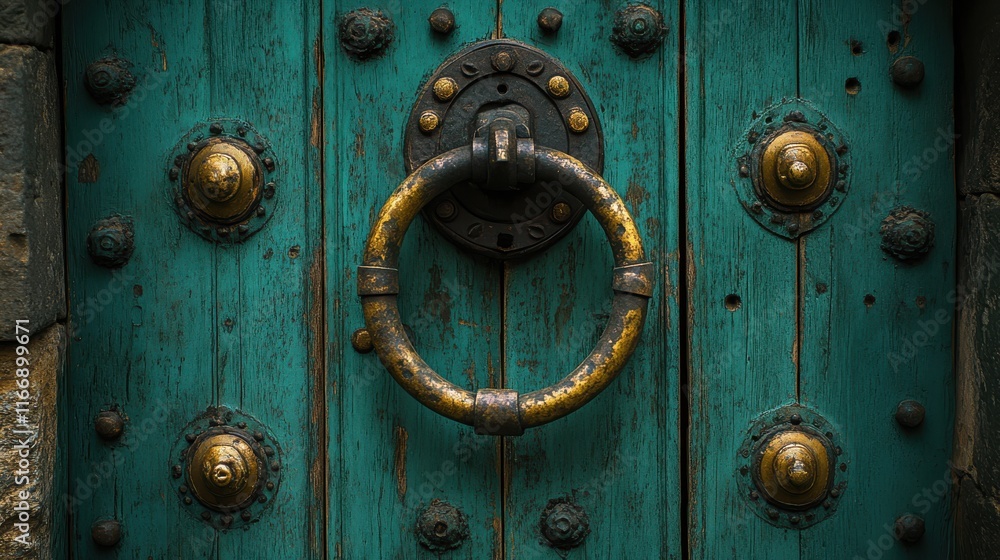 A weathered turquoise door featuring a large metal knocker and decorative studs. A weathered turquoise door featuring a large metal knocker and decorative studs.