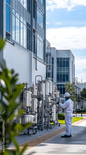 Technician inspecting industrial equipment outside modern building, sunny day. Stock photo for industry, manufacturing, technology.