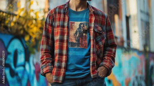 A person layering a plaid shirt over a graphic tee, casual yet trendy photo