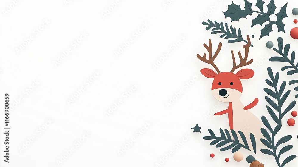 Festive reindeer paper craft, winter holiday greeting card design, white background, seasonal decor.