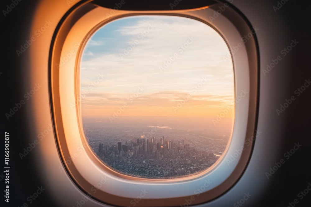 Aerial Cityscape View at Sunset from Airplane Window Golden Hour Urban Panorama Aerial Cityscape View at Sunset from Airplane Window Golden Hour Urban Panorama