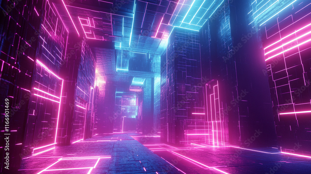 Neon Cubes and Lines - Abstract Digital Art, Abstract Neon Cubes Neon Cubes and Lines - Abstract Digital Art, Abstract Neon Cubes