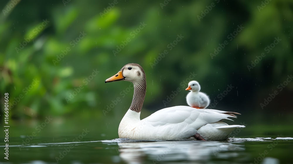 A mother duck and her duckling swimming in the water A mother duck and her duckling swimming in the water