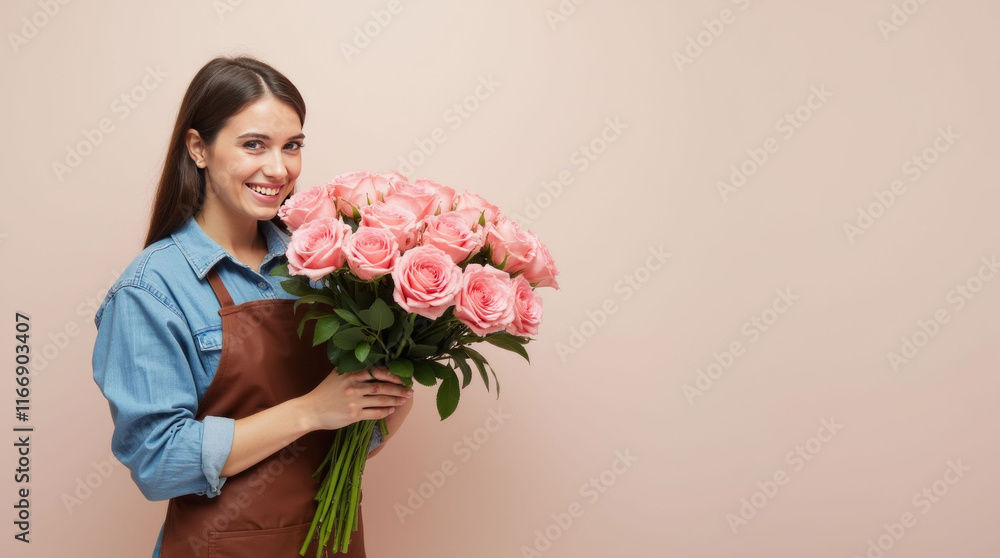 Smiling florist holding a bouquet of pink roses, wearing a denim shirt and apron, standing against a beige background, symbolizing floristry. Flower delivery concept. Copy space Smiling florist holding a bouquet of pink roses, wearing a denim shirt and apron, standing against a beige background, symbolizing floristry. Flower delivery concept. Copy space