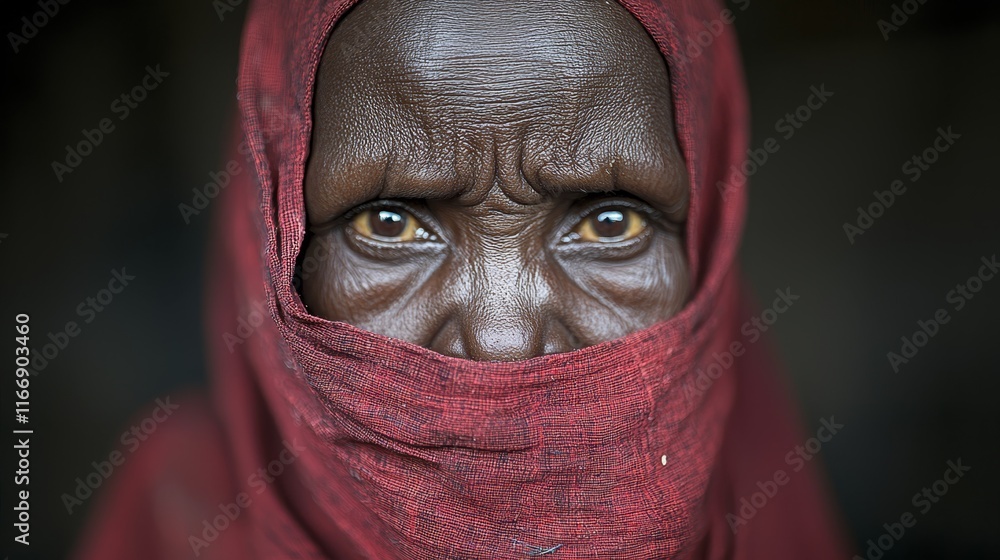 Fototapeta premium A close up of a woman's face with a red veil covering her face