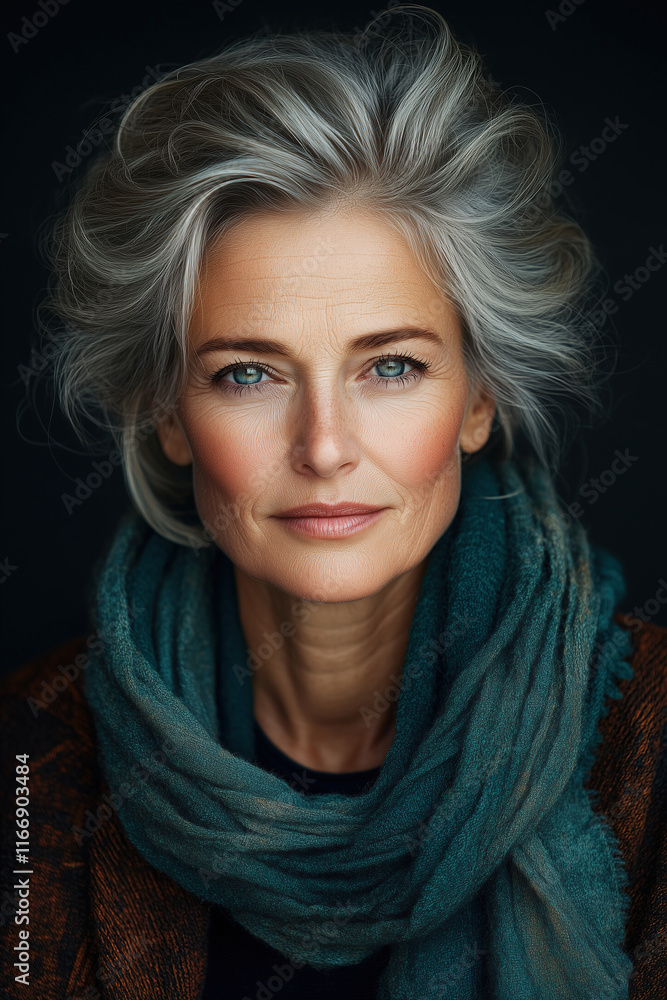Portrait of an attractive woman in her fifties with gray hair, wearing a teal scarf and a dark brown cardigan. Portrait of an attractive woman in her fifties with gray hair, wearing a teal scarf and a dark brown cardigan.
