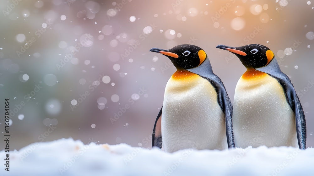 Fototapeta premium Two penguins standing next to each other in the snow
