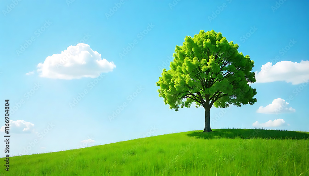 A small green tree with lush foliage growing on a grassy mound against a plain background, natural landscape, Tree in meadow, lone tree on hill, created with generative ai A small green tree with lush foliage growing on a grassy mound against a plain background, natural landscape, Tree in meadow, lone tree on hill, created with generative ai