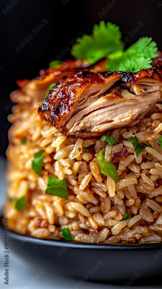 A black bowl filled with rice topped with meat and cilantro A black bowl filled with rice topped with meat and cilantro