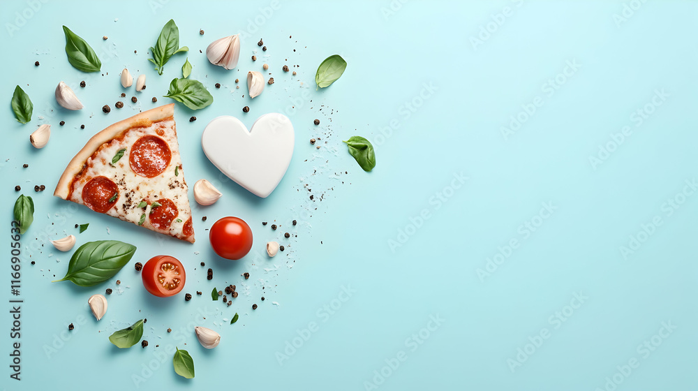 Delicious pizza slice with tomatoes, basil, and garlic on a blue background; perfect for Valentine's Day or food blogs. Delicious pizza slice with tomatoes, basil, and garlic on a blue background; perfect for Valentine's Day or food blogs.
