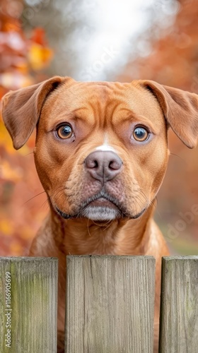 A brown dog looking over a wooden fence