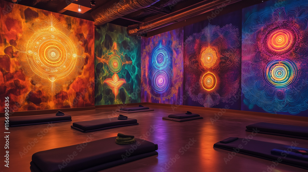 Obraz premium A serene yoga sanctuary with walls painted with glowing chakra symbols and complex, flowing patterns