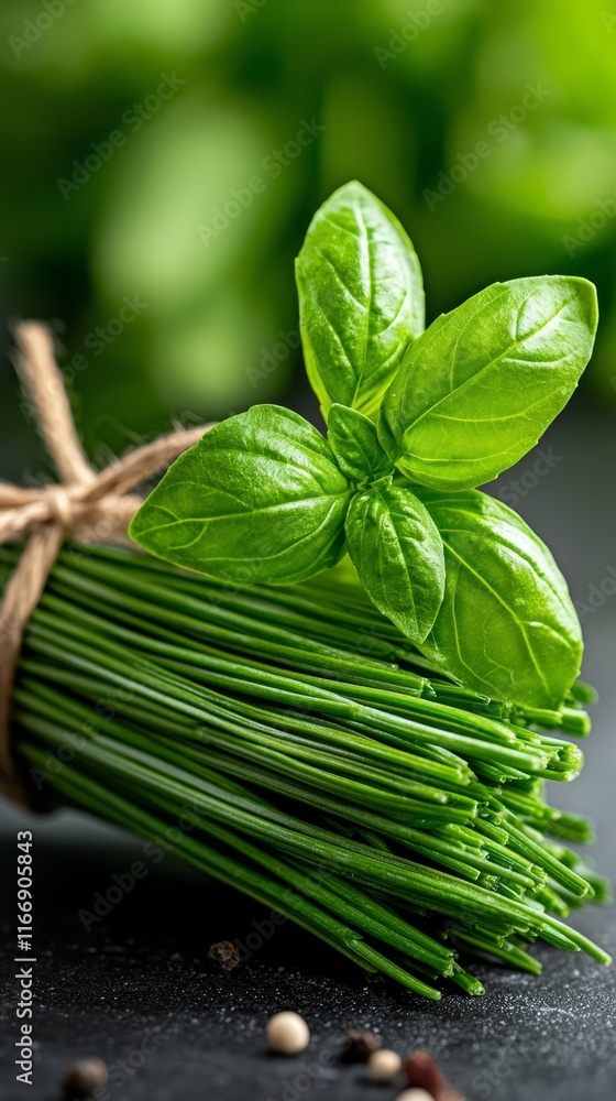 A bunch of fresh green herbs tied up with twine A bunch of fresh green herbs tied up with twine