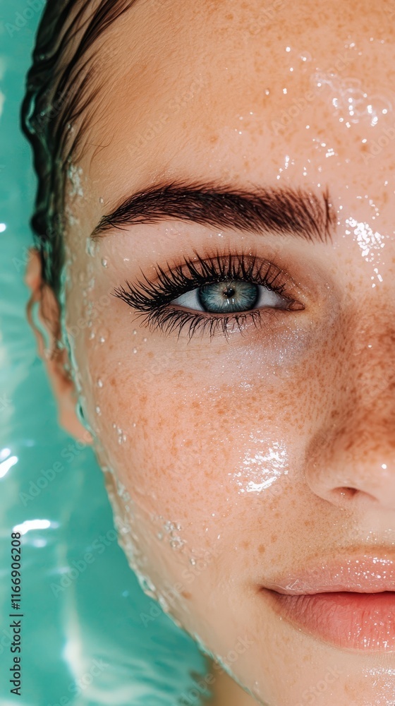 A woman with freckles on her face in a pool of water A woman with freckles on her face in a pool of water