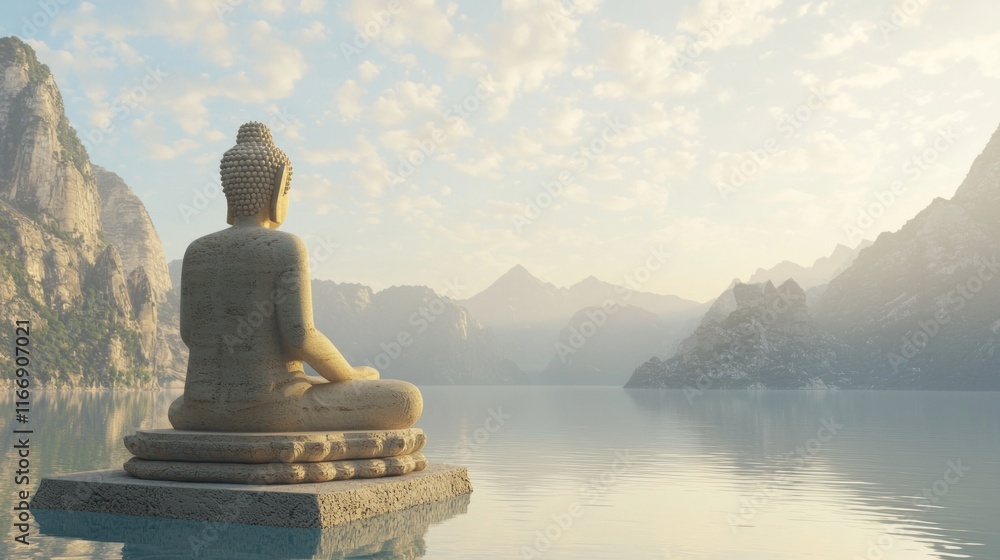 Tranquil Buddhist Paradise: Serene Temple Reflections in Majestic Heaven | 3D Rendered Digital Artwork Tranquil Buddhist Paradise: Serene Temple Reflections in Majestic Heaven | 3D Rendered Digital Artwork