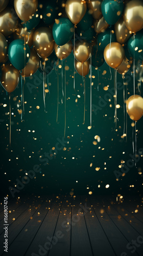 Elegant Celebration with Gold and Green Balloons and Sparkling Confetti. ai generative