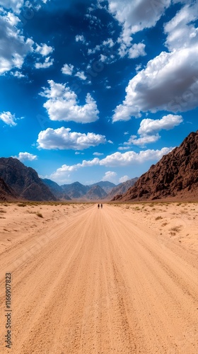 A dirt road in the middle of a desert with mountains in the background