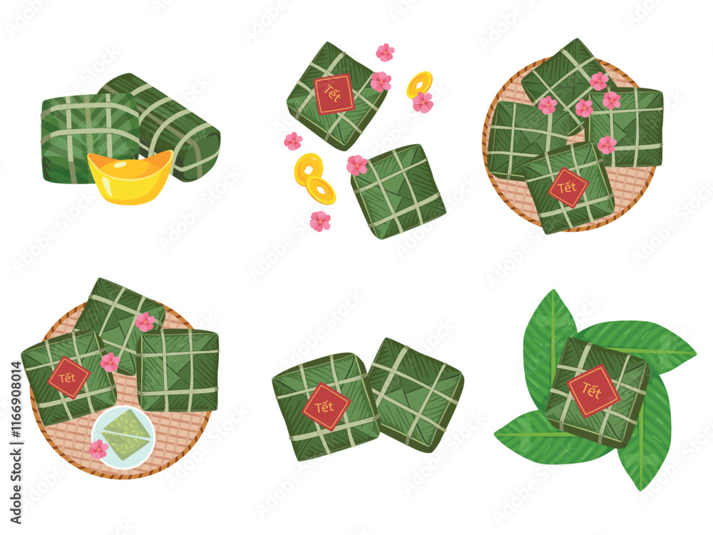 set of banh chung tet Vietnamese food square sticky rice stuffed in banana leaves and bamboo rope on lunar new set of banh chung tet Vietnamese food square sticky rice stuffed in banana leaves and bamboo rope on lunar new