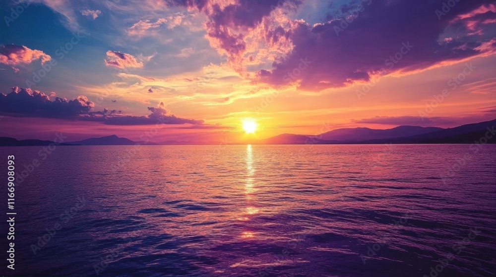 Obraz premium A serene sunset over calm waters, reflecting vibrant colors in the sky.