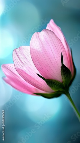 A single pink flower on a blue background