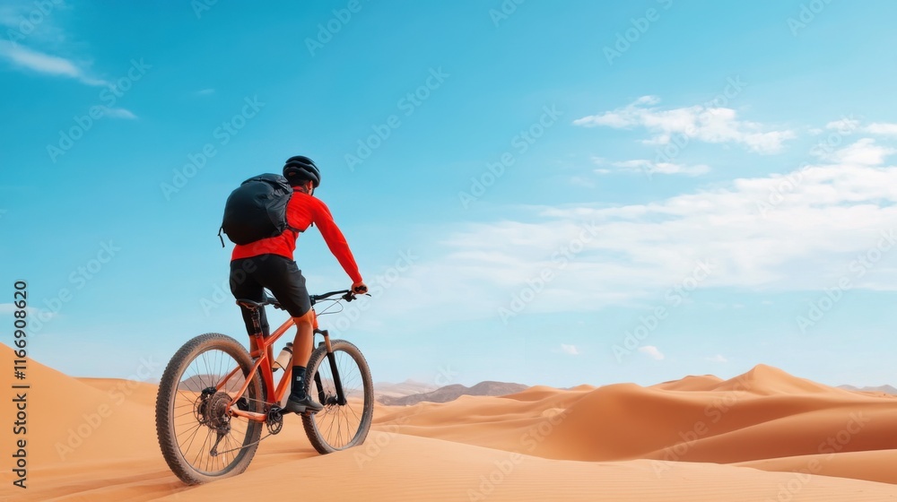 Fototapeta premium Adventurous Cyclist Exploring Vast Sandy Dunes Under Bright Blue Sky in the Desert Landscape