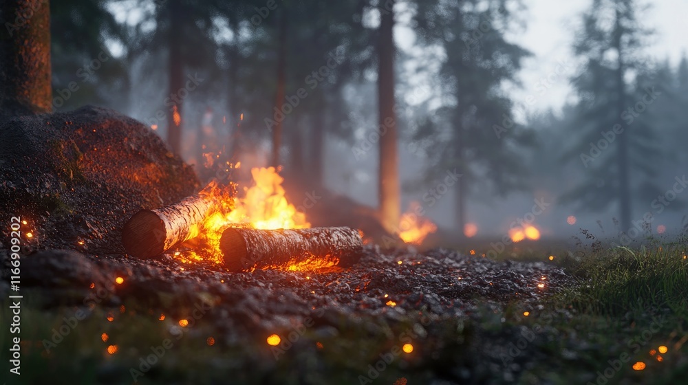 Tranquil Forest Scene with Glowing Fire and Misty Background Tranquil Forest Scene with Glowing Fire and Misty Background