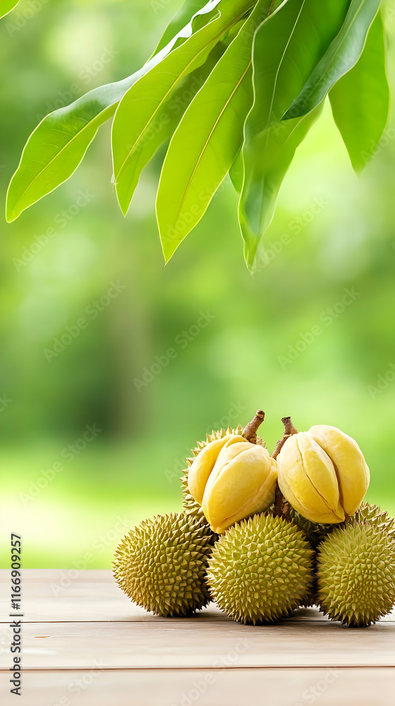 Fresh durian fruit on wooden table, green nature background; for food blogs, recipes, or healthy eating articles. Fresh durian fruit on wooden table, green nature background; for food blogs, recipes, or healthy eating articles.