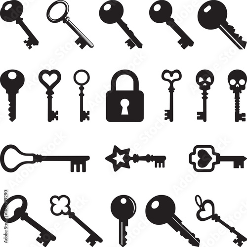 Set of black silhouettes of door keys. Key icon set. Vintage key antique door key isolated on white background illustration