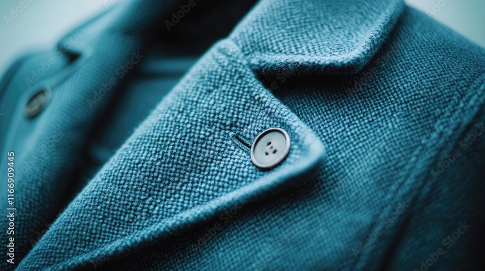 Close-Up of Stylish Blue Textured Coat with Button Detail Close-Up of Stylish Blue Textured Coat with Button Detail